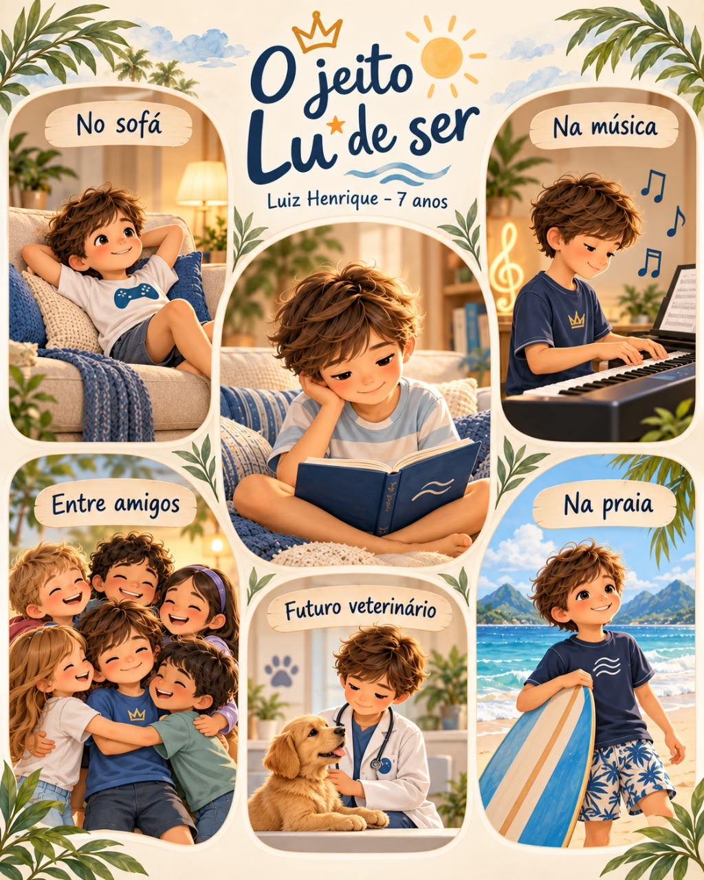 Ilustrações O jeito Lu de ser: no sofá, na música, na leitura, entre amigos, futuro veterinário e na praia